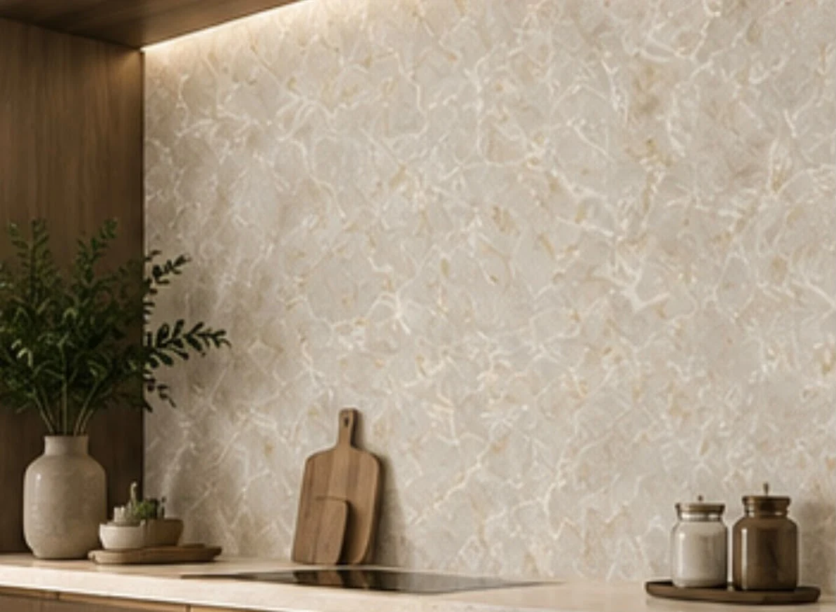 Cocina con pared de papel tapiz efecto mármol