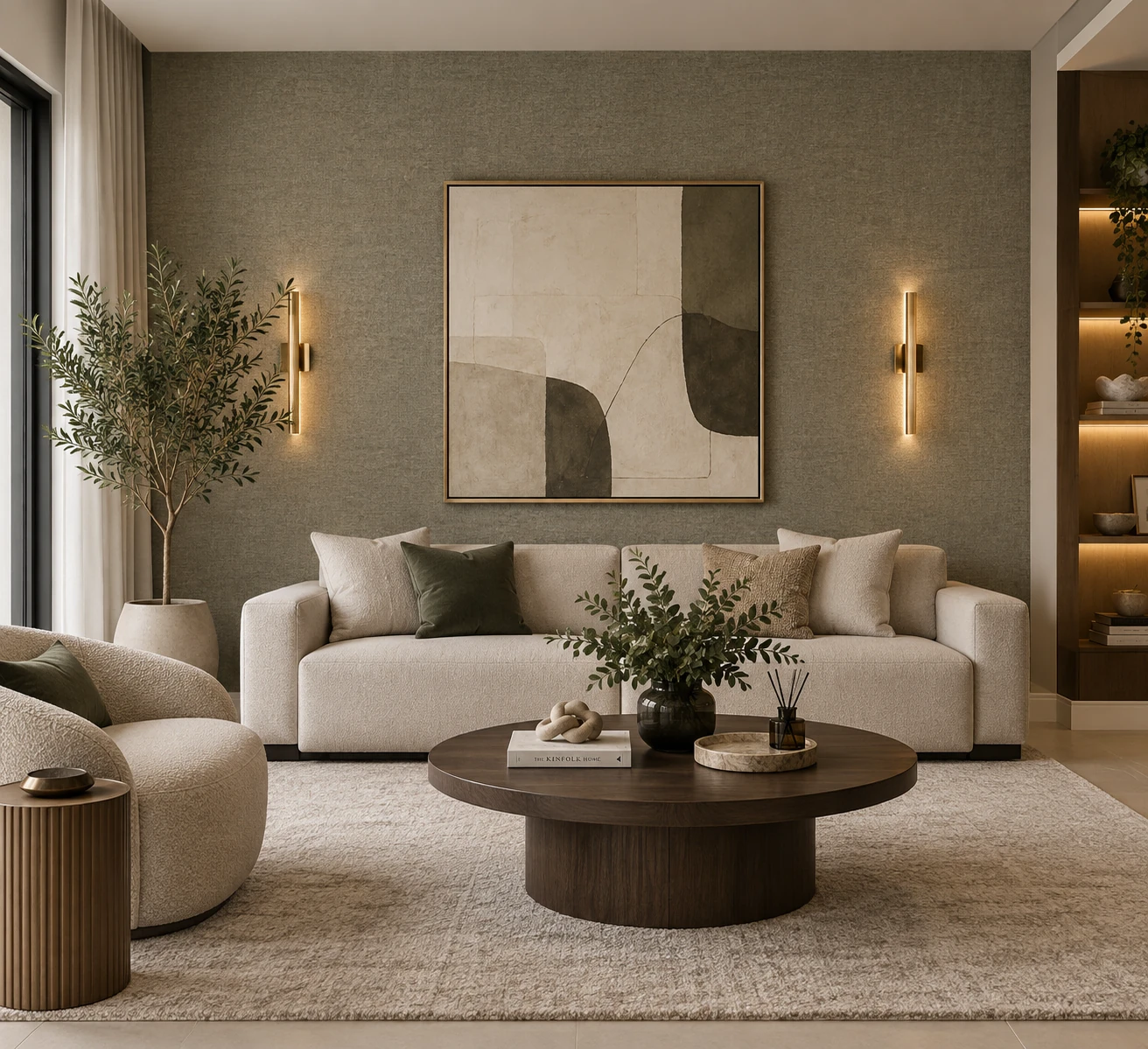 Sala con papel tapiz de textura taupe